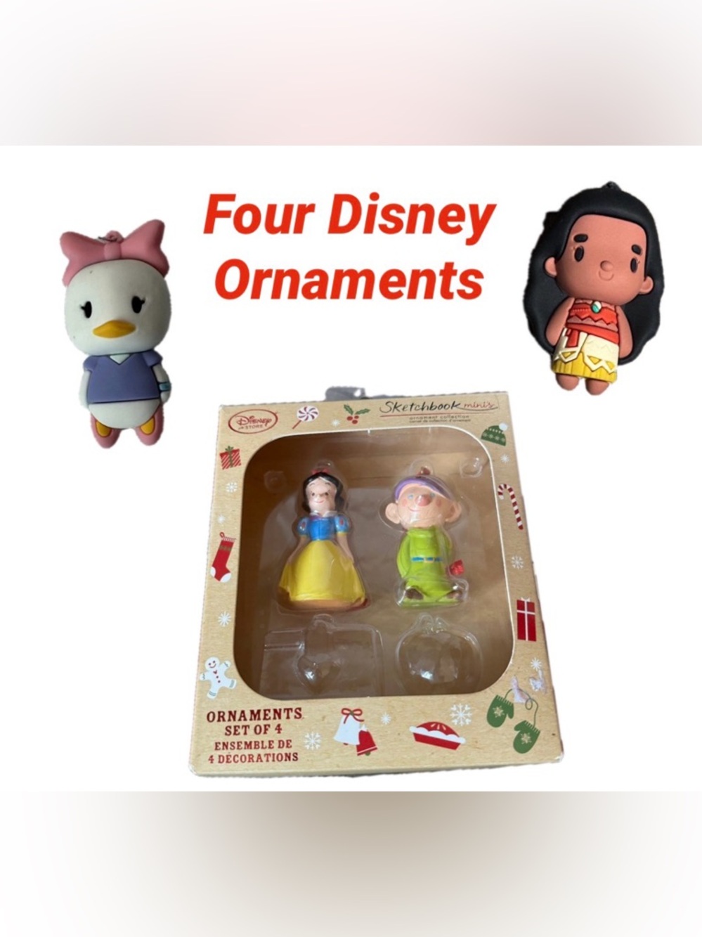 Four Disney Ornaments (Snow White, Dopey, Daisy Duck. & Moana)
